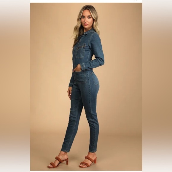 Free People Lennox medium wash‎ blue denim jeans utility Jumpsuit size large new - Picture 2 of 7